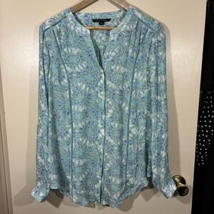 Zac & Rachel Blue Green Abstract Watercolor Floral Print Button Down Top Size L